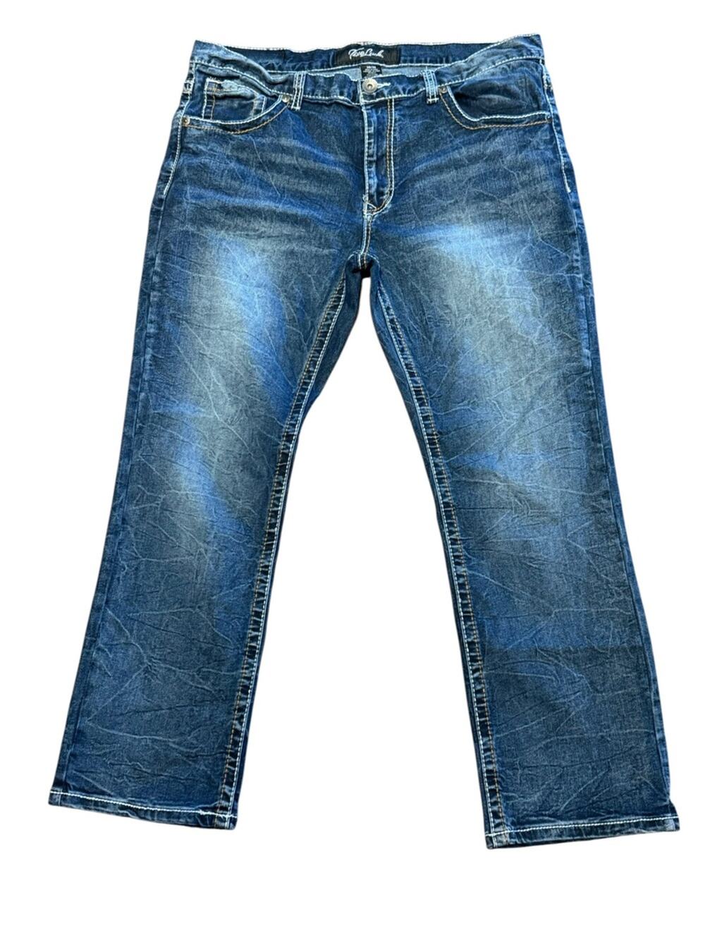 True Luck Men's 36 x 30 Blue Washed Jeans with Embroidered Pockets